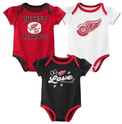 NHL Detroit Red Wings Infant Girls 3pk Bodysuit Onesies, 3-6mo