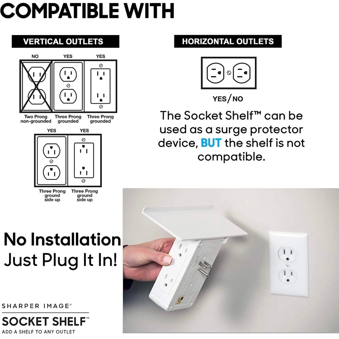 Socket Shelf- 8 Port Surge Protector Wall Outlet, 6 Electrical Outlet Extenders