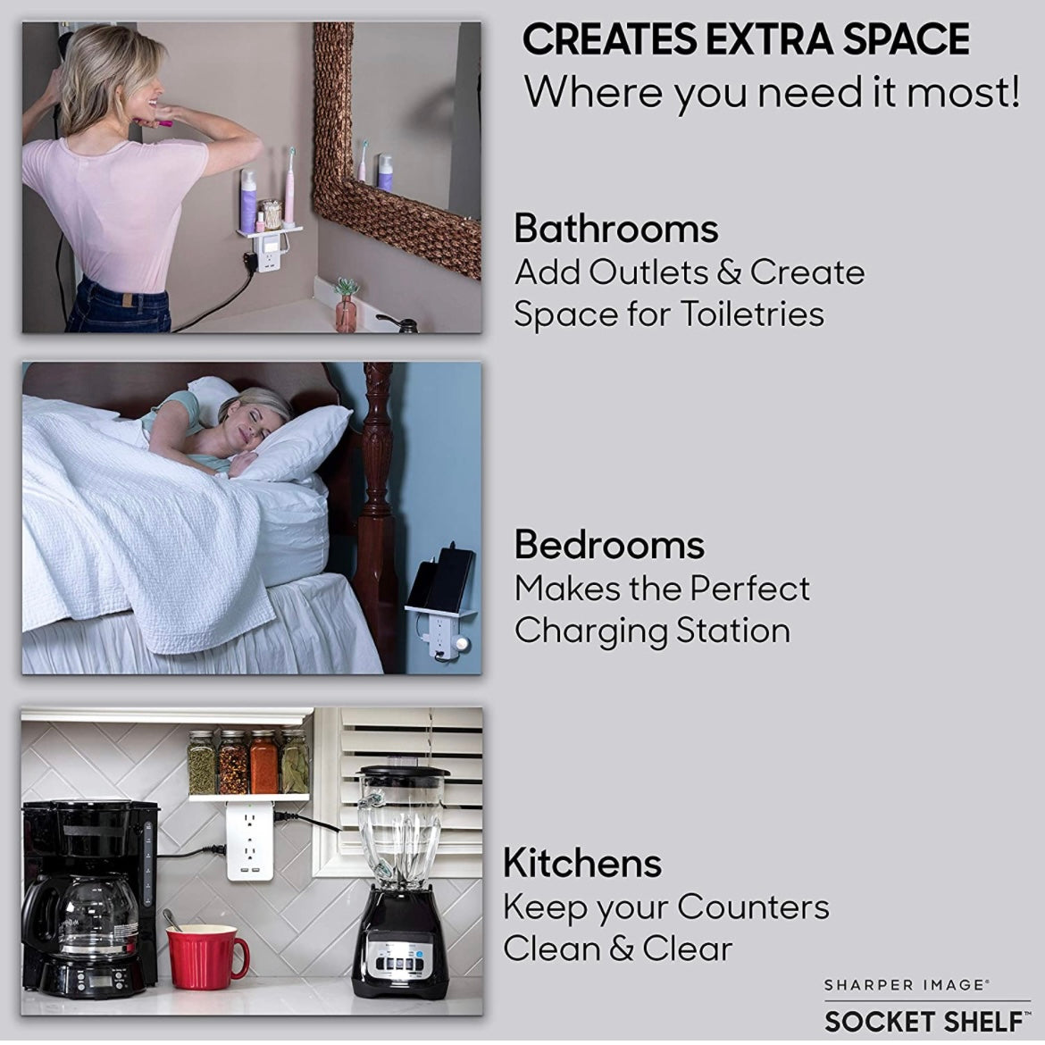 Socket Shelf- 8 Port Surge Protector Wall Outlet, 6 Electrical Outlet Extenders