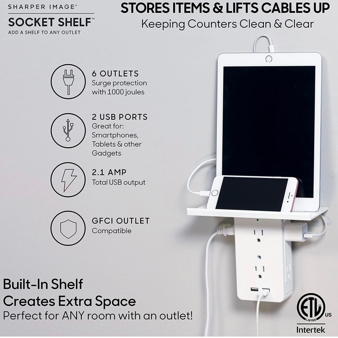 Socket Shelf- 8 Port Surge Protector Wall Outlet, 6 Electrical Outlet Extenders