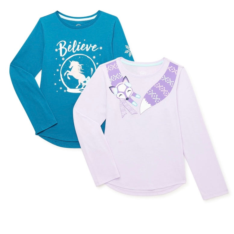 Youth, Girls Long Sleeve Graphic Tee, 2 Pack