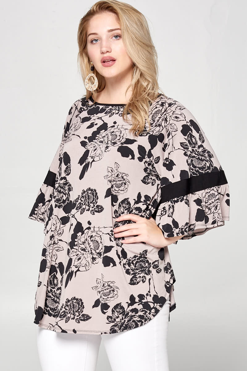 Shirts, Floral Printed Fashion Top with Bell Sleeve Detail