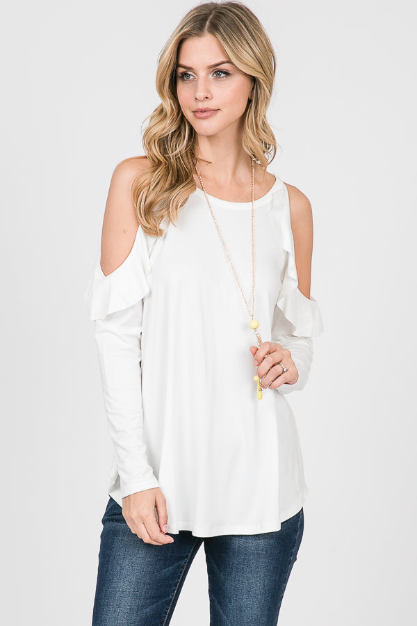 Tops, Long Sleeve Ruffle Cold Shoulder Top