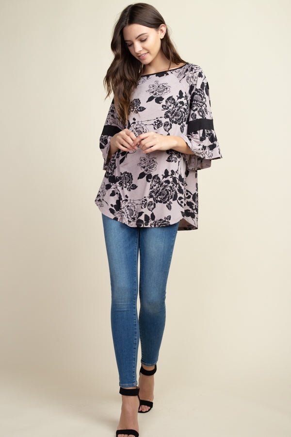 Shirts, Floral Printed Fashion Top with Bell Sleeve Detail