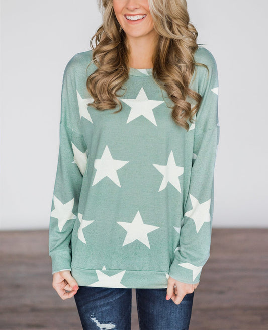 Top, Long Sleeve Stars in Mint