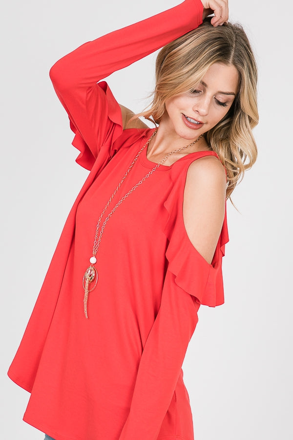 Tops, Long Sleeve Ruffle Cold Shoulder Top