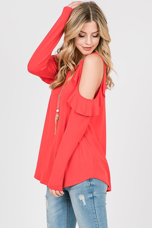 Tops, Long Sleeve Ruffle Cold Shoulder Top