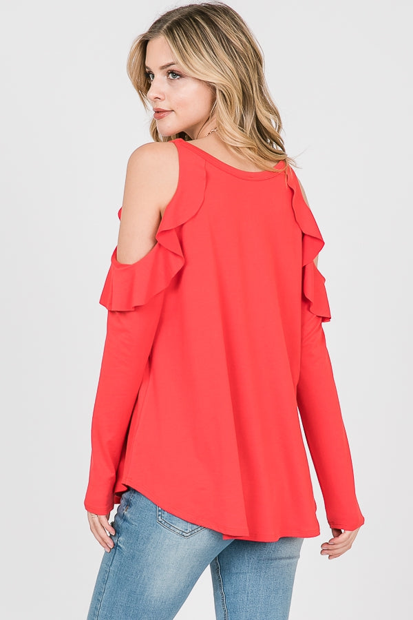 Tops, Long Sleeve Ruffle Cold Shoulder Top