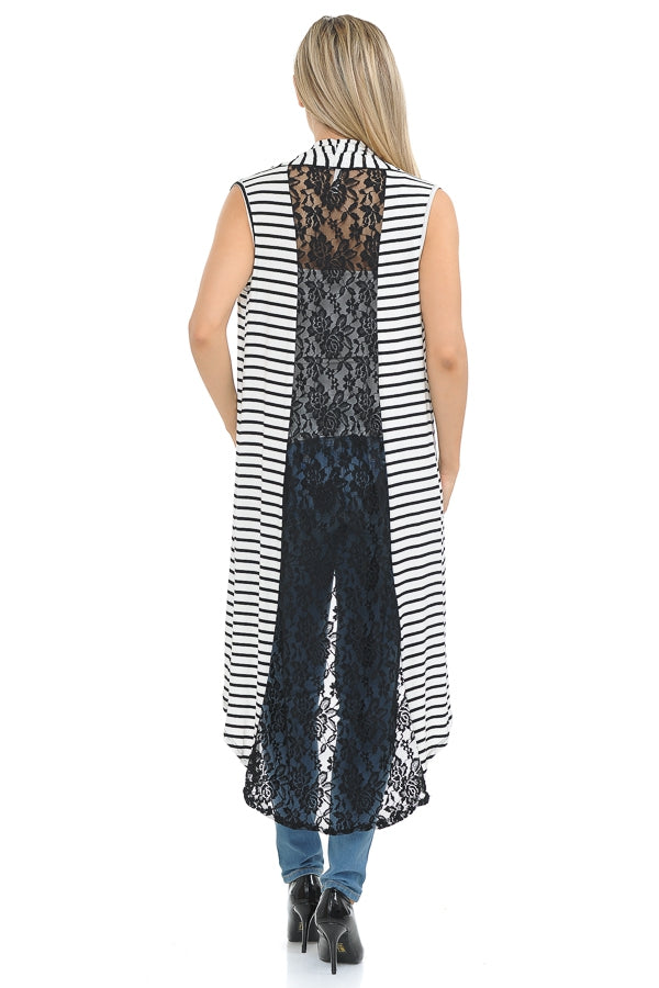 Tops, Sleeveless Stripe Vest w/Lace Detail
