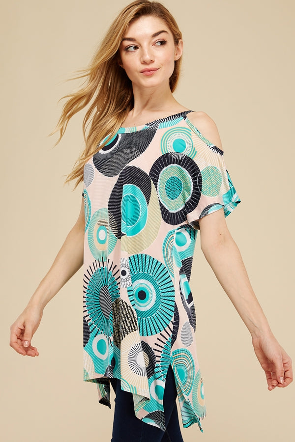 Shirts, Geo Cold Shoulder Side Split Tunic