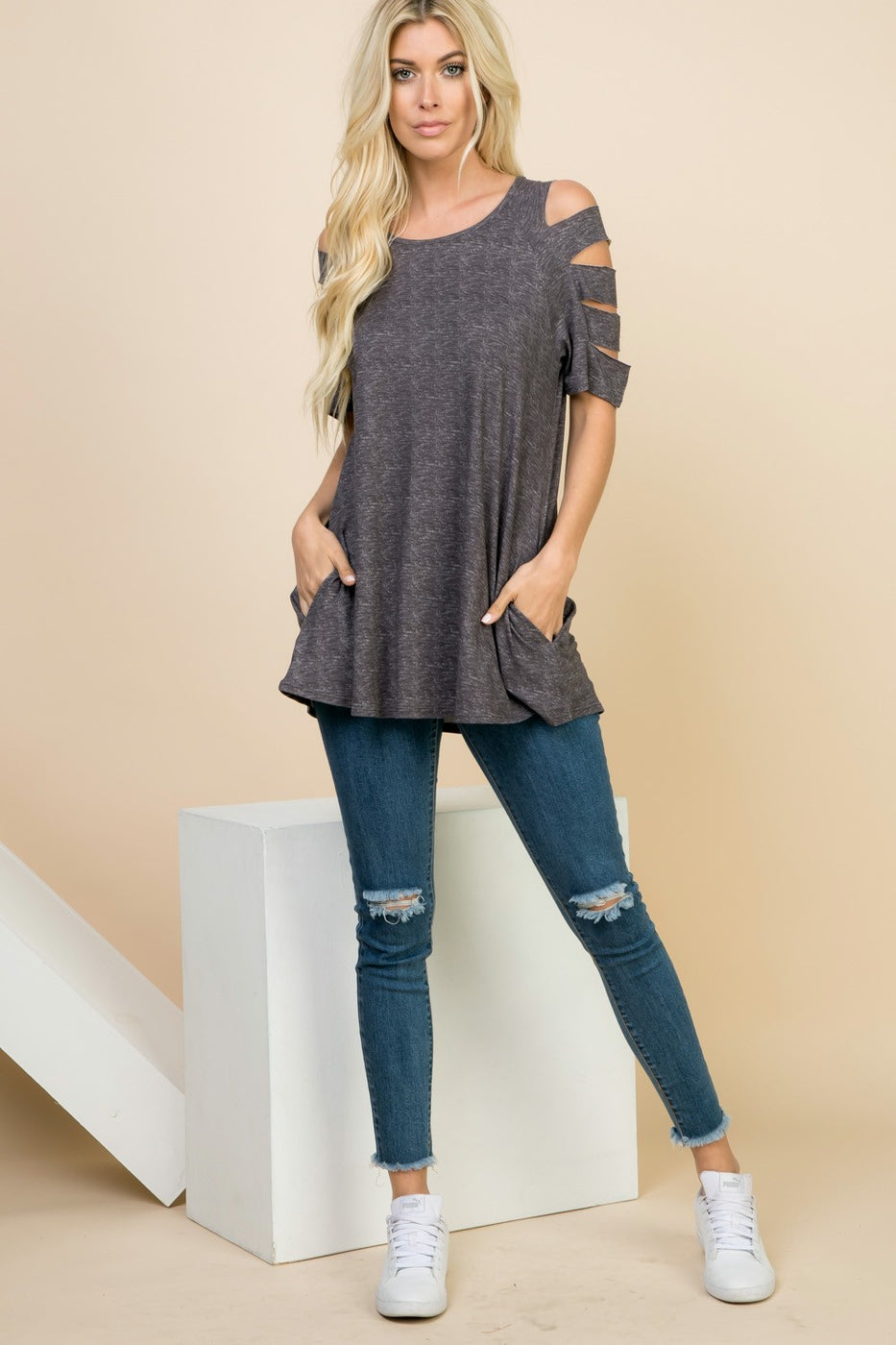 Tops, Cutout Short Sleeve Tunic Top w/Pocket