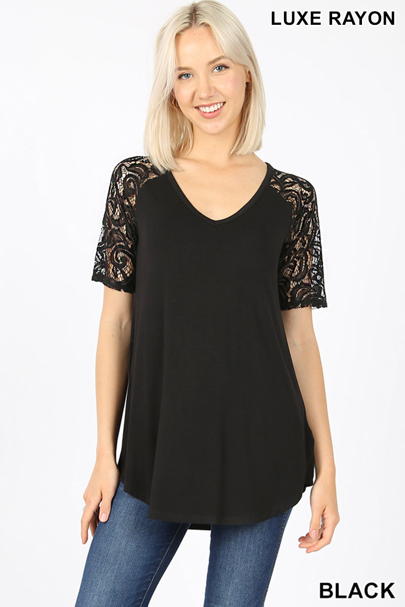 Top, Lace Short Sleeve V-Neck Round Hem
