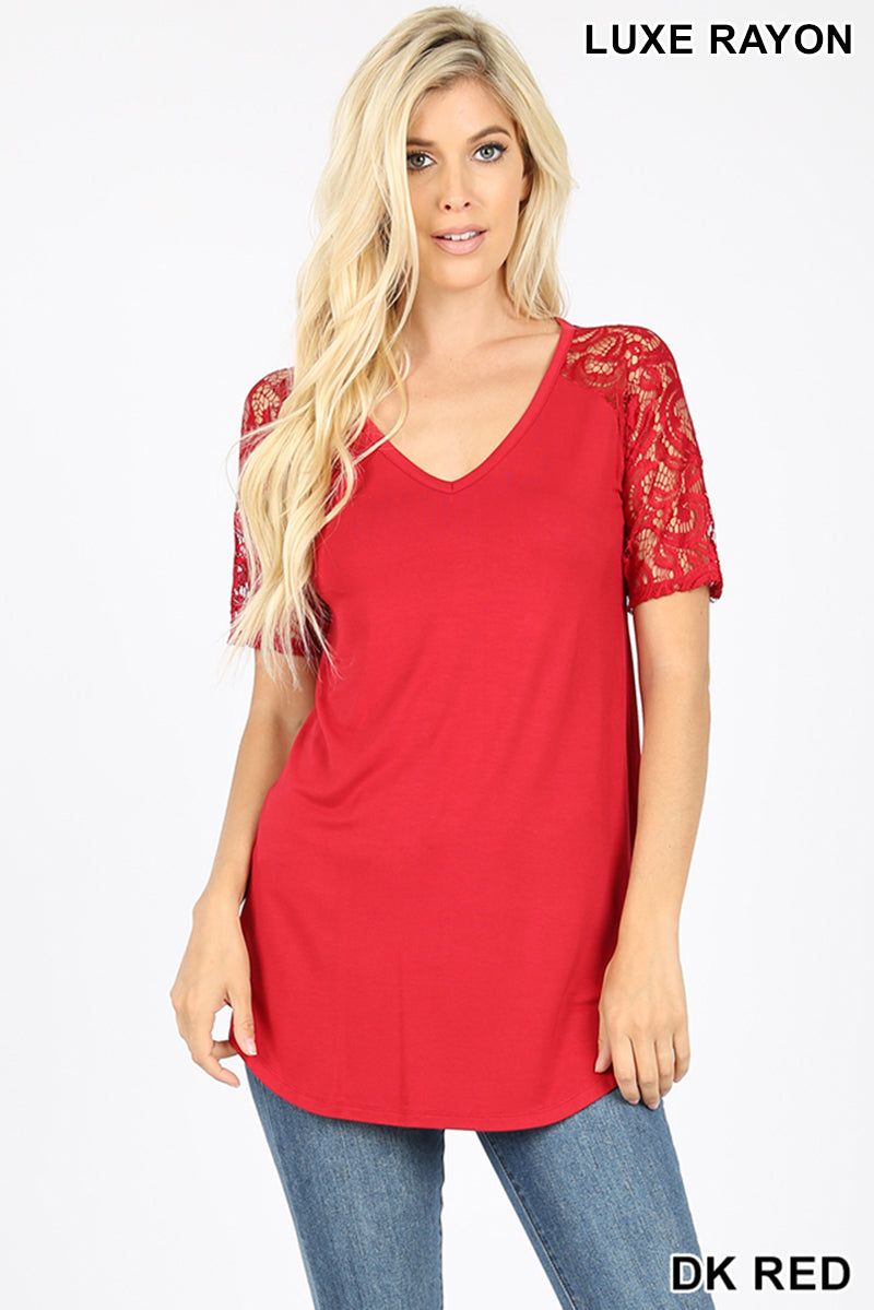 Top, Lace Short Sleeve V-Neck Round Hem