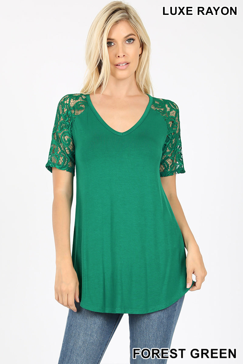 Top, Lace Short Sleeve V-Neck Round Hem