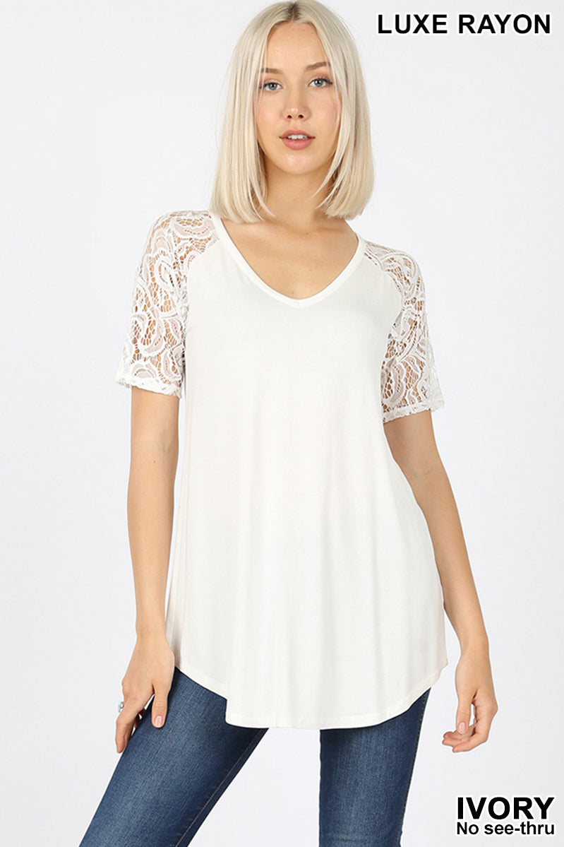 Top, Lace Short Sleeve V-Neck Round Hem