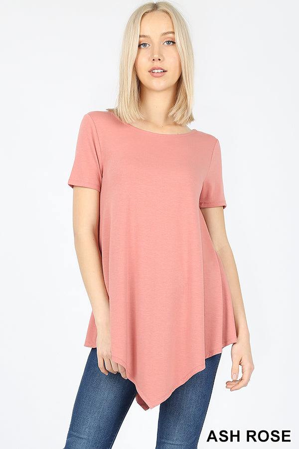 Top, Short Sleeve Boat Neck Triangle Hem