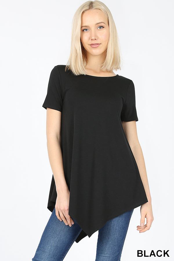 Top, Short Sleeve Boat Neck Triangle Hem