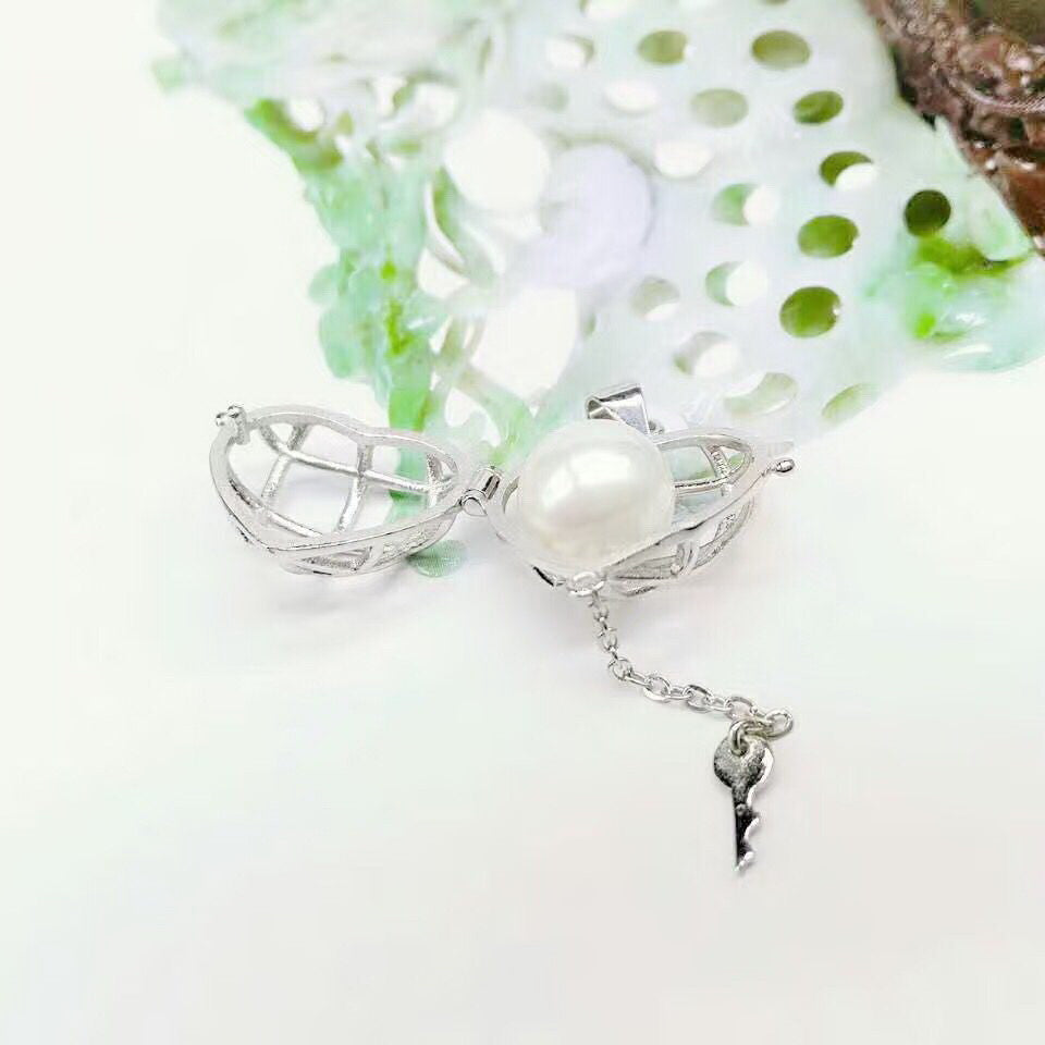 Heart Lock N Key Multi-Pearl Cage Pendant (Rhodium Plated)