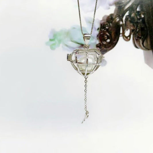Heart Lock N Key Multi-Pearl Cage Pendant (Rhodium Plated)