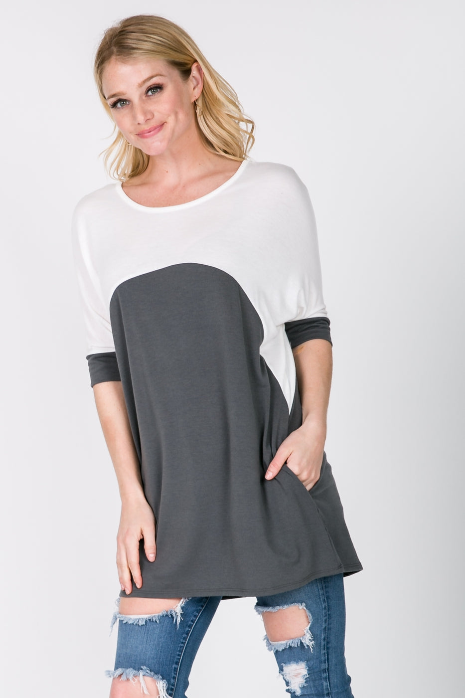Tops, Color Block Tunic Back Lattice W/Pockets