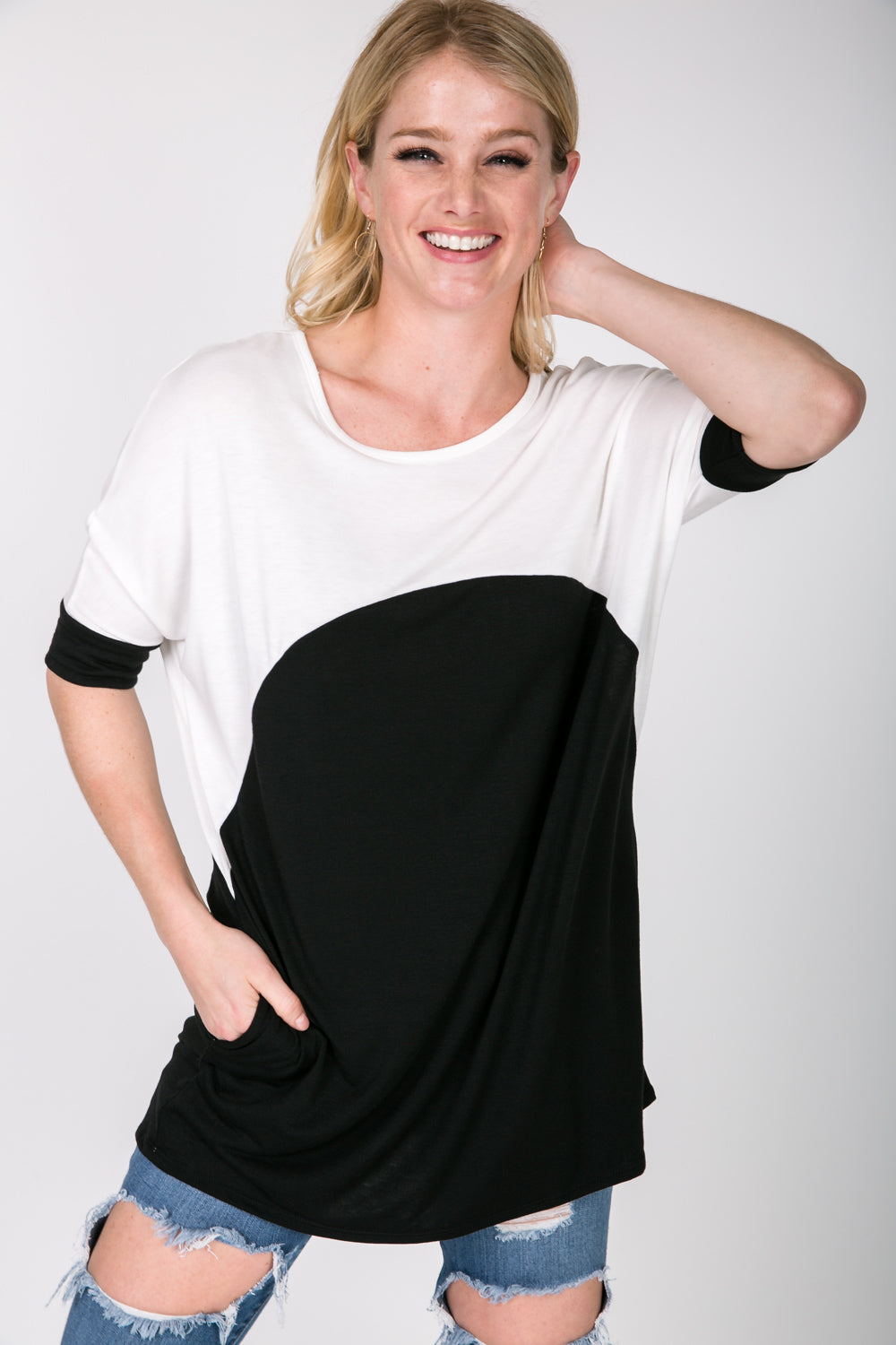 Tops, Color Block Tunic Back Lattice W/Pockets