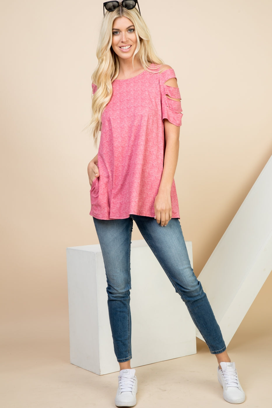 Tops, Cutout Short Sleeve Tunic Top w/Pocket