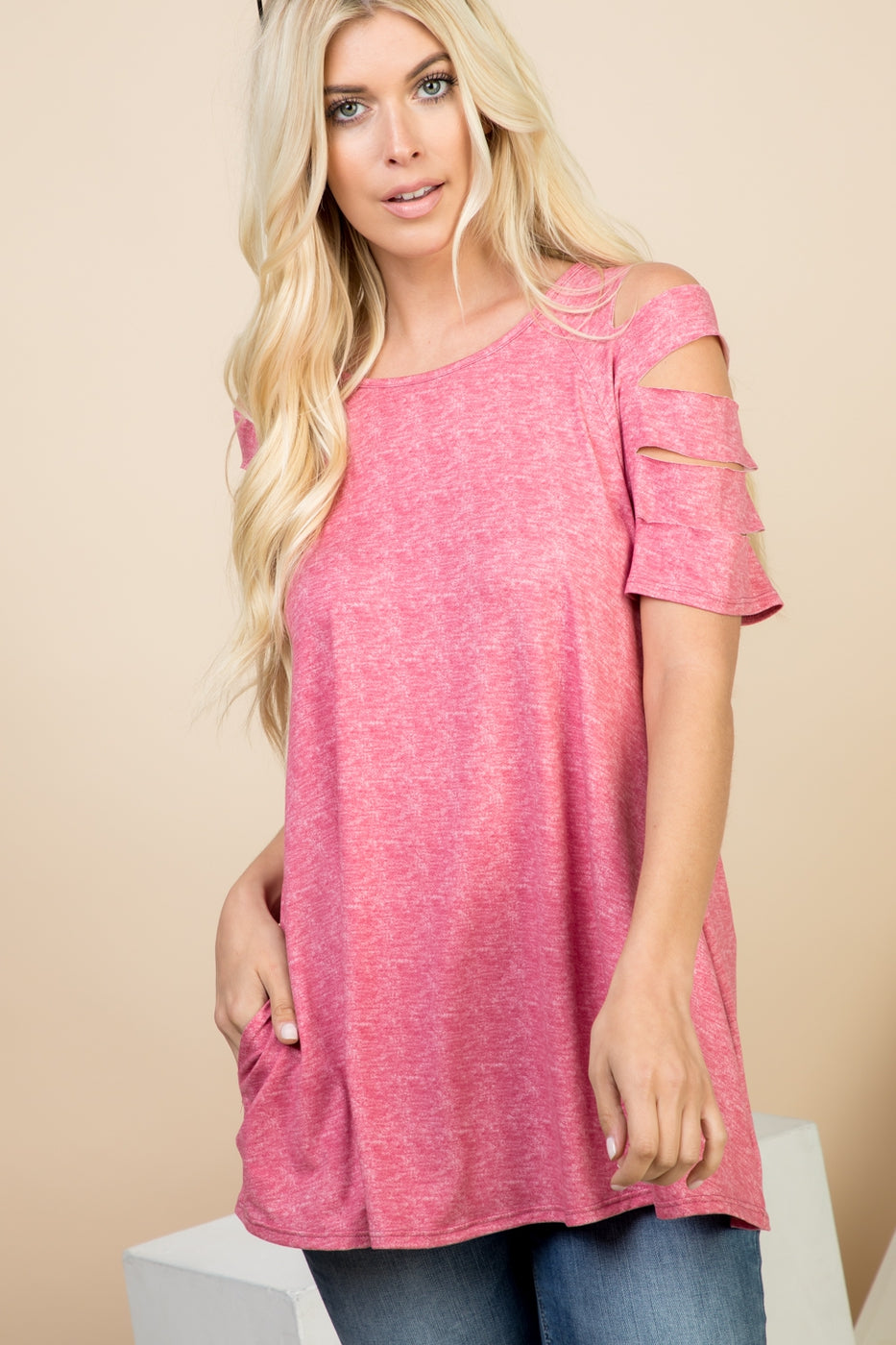 Tops, Cutout Short Sleeve Tunic Top w/Pocket