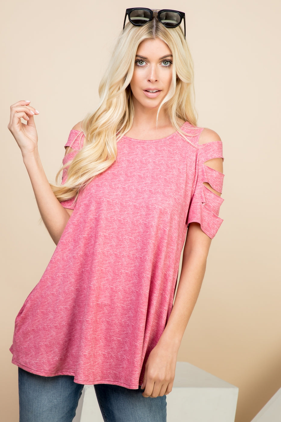 Tops, Cutout Short Sleeve Tunic Top w/Pocket