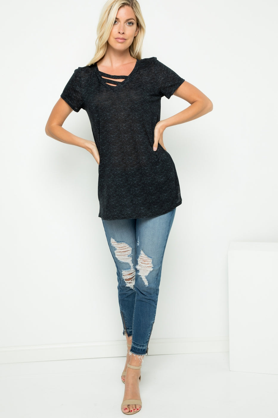 Tops, Short Sleeve Slice V-Neck