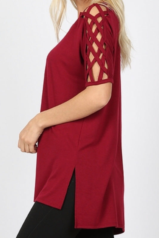 Tops, Criss Cross Shoulder Side Split Hi Low