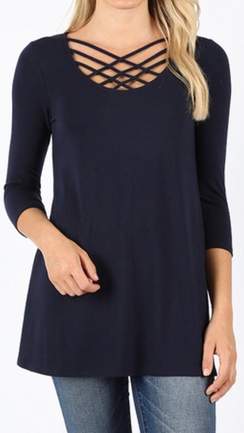 Tops, 3/4 Sleeve Triple Lattice Front Top