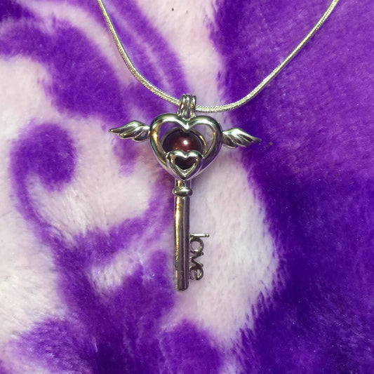 Winged Key Heart Single-Pearl Cage Pendant (Sterling silver)