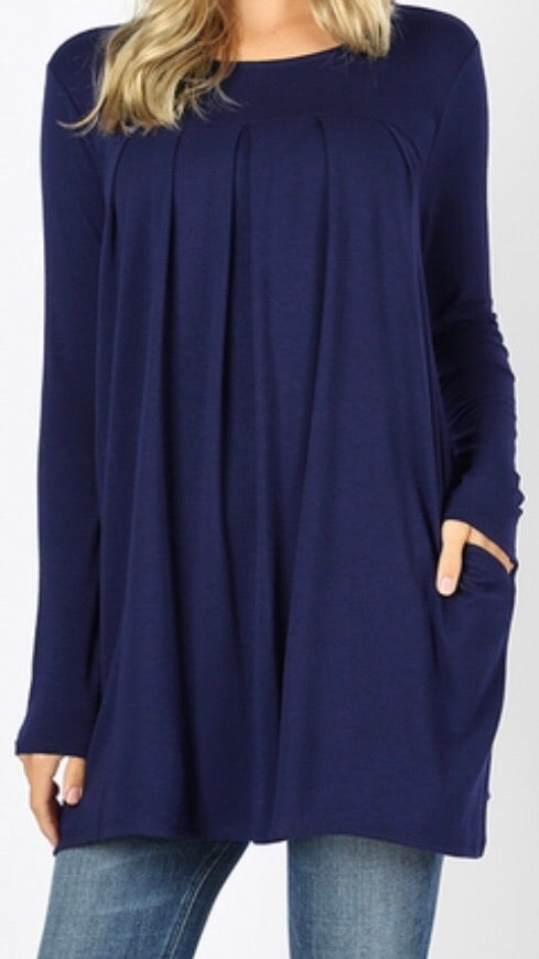 Tops, Long Sleeve Round Neck Pleated Top