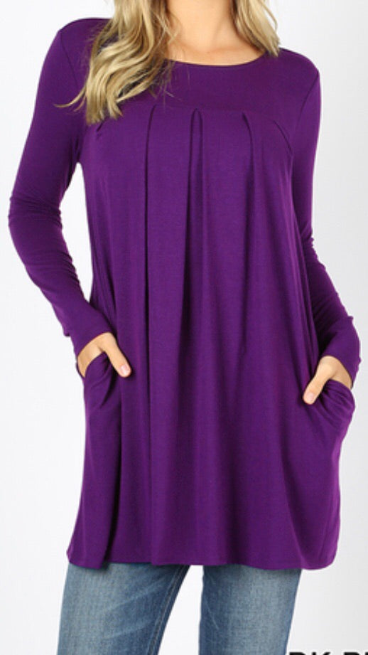 Tops, Long Sleeve Round Neck Pleated Top