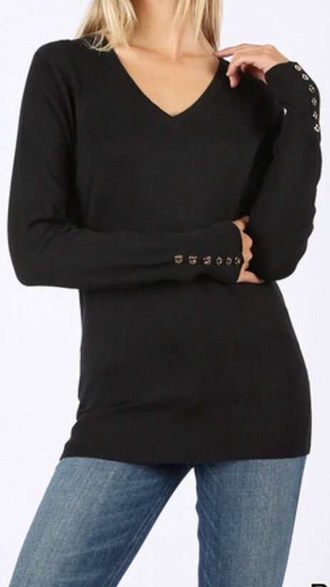 Tops, Long Sleeve V-Neck Sweater w/Golden Button Detail