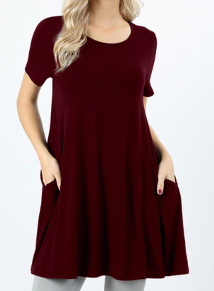 Tops, Straight Hem Round Neck Tunic w/Pockets
