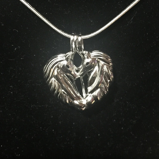 Double Horse Head Single-Pearl Cage Pendant (Sterling Silver)