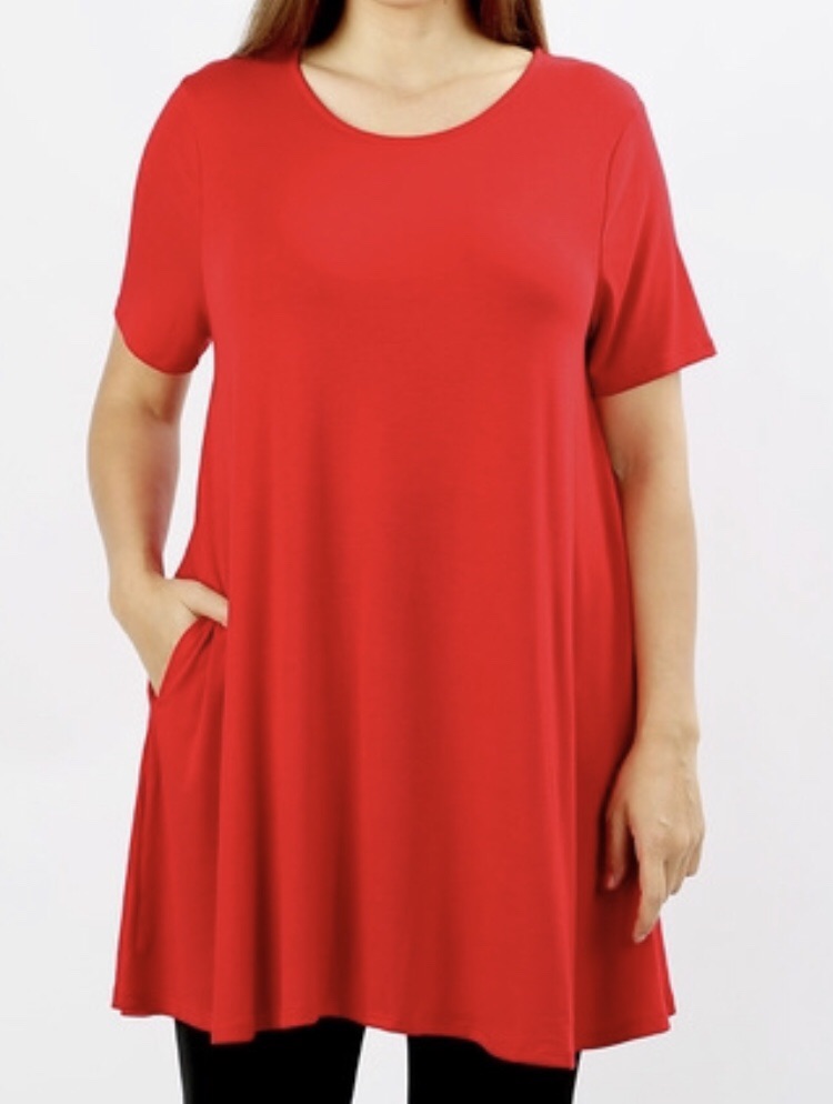 Tops, Straight Hem Round Neck Tunic w/Pockets