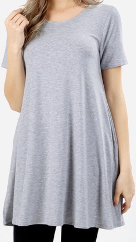 Tops, Straight Hem Round Neck Tunic w/Pockets