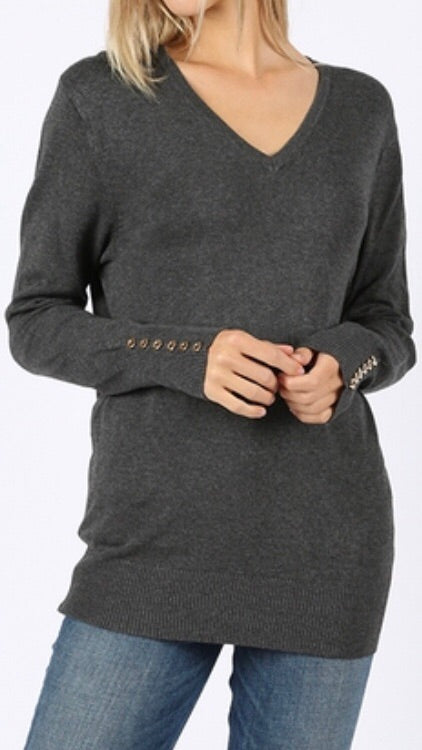 Tops, Long Sleeve V-Neck Sweater w/Golden Button Detail