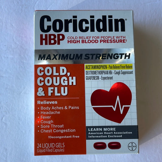Coricidin HBP Maximum Strength Cold, Cough, and Flu Liquid Gels, 24 ct