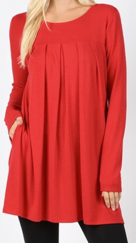 Tops, Long Sleeve Round Neck Pleated Top