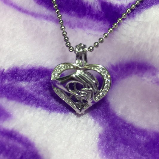 Mother and Child Hands Single-Pearl Cage Pendant (Sterling Silver)