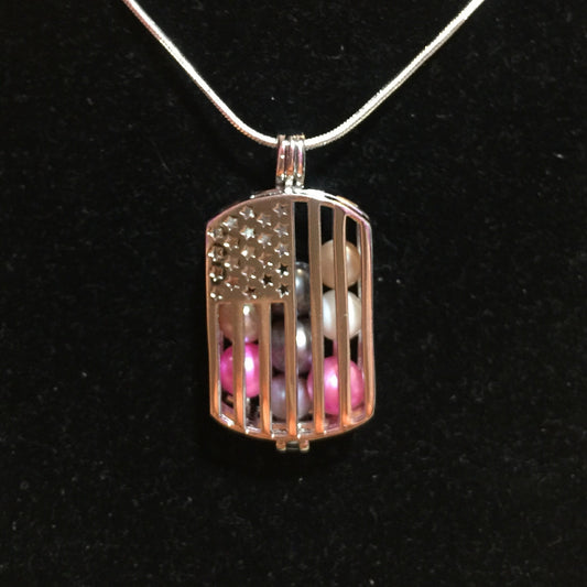 American USA Flag Dog Tag Multi-Pearl Cage Pendant (Sterling silver)