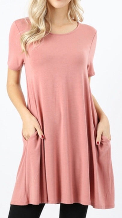Tops, Straight Hem Round Neck Tunic w/Pockets