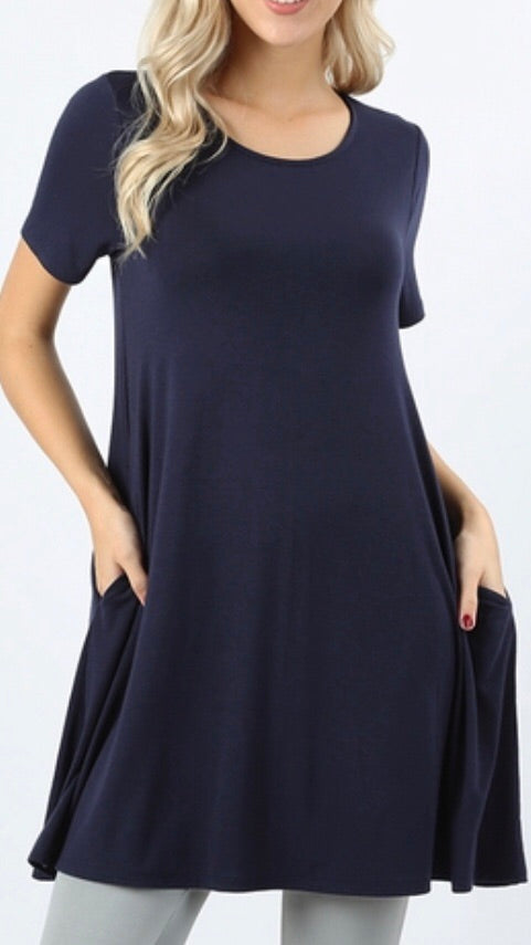 Tops, Straight Hem Round Neck Tunic w/Pockets