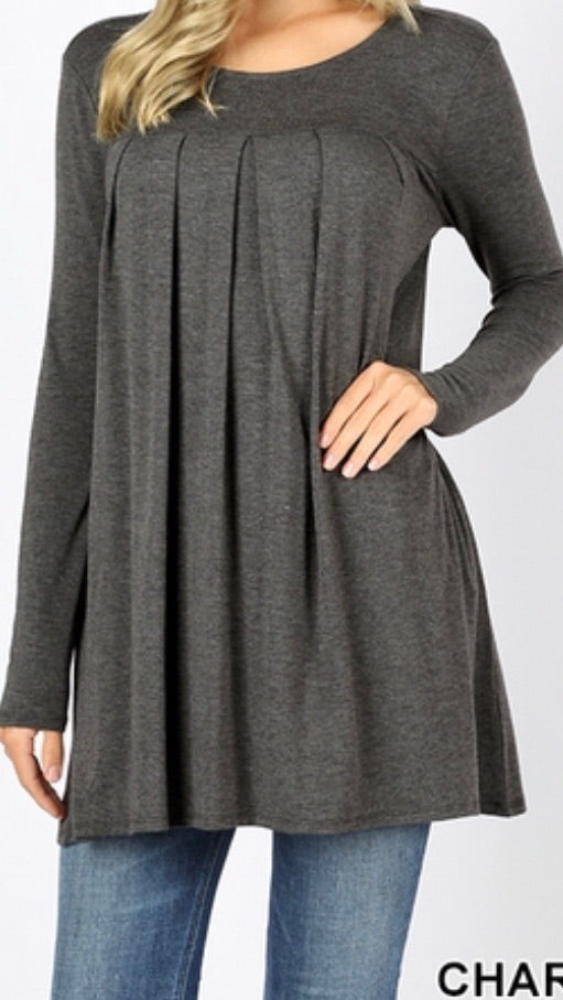 Tops, Long Sleeve Round Neck Pleated Top