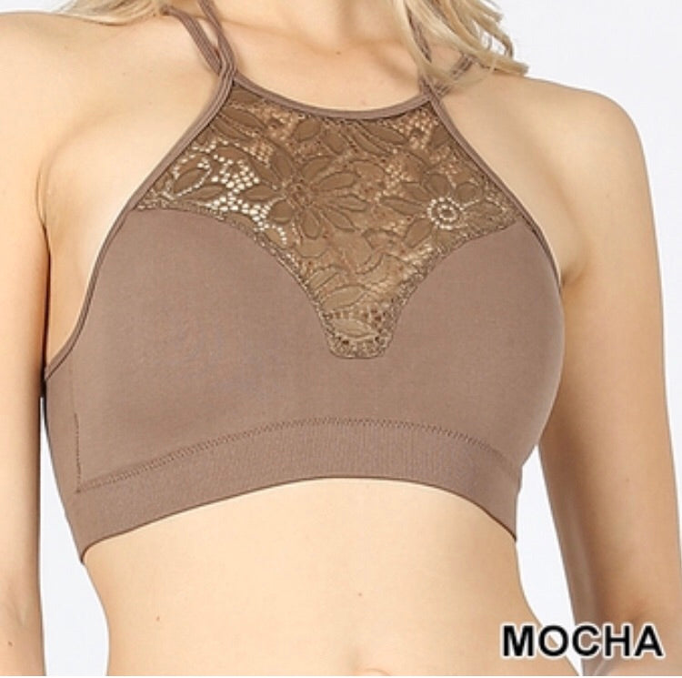Tops, High Neck Lace Cutout Bralette w/Pads