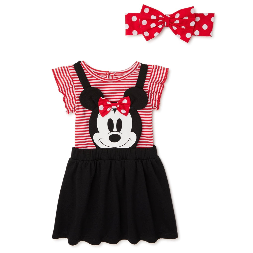 Youth, Disney Minnie Mouse Baby Girls Bodysuit, Pinafore, and Headband, 3pc Set