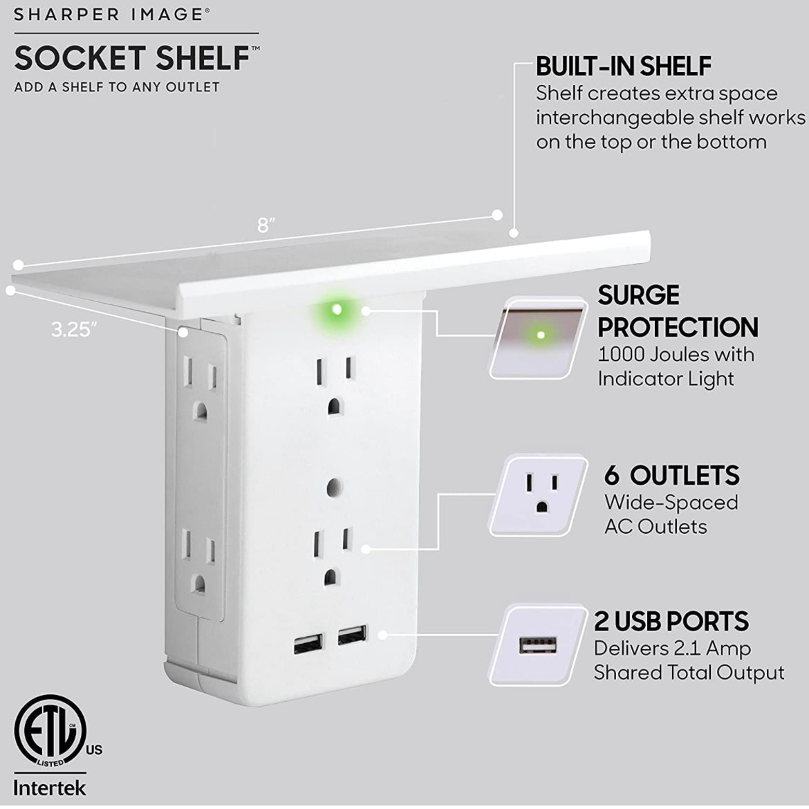 Socket Shelf- 8 Port Surge Protector Wall Outlet, 6 Electrical Outlet Extenders